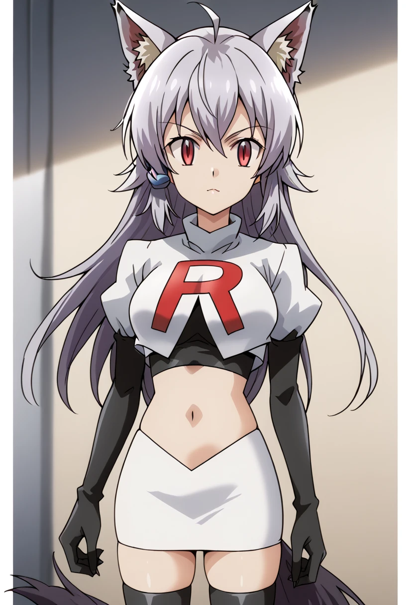 team rocket,team rocket uniform,white skirt,red letter R,crop top,black thigh-highs,black elbow gloves, cowboy shot, ag-wolfbete, wolf tail, medium breasts, 1girl, solo, skinny, masterpiece, high quality,score_9, score_8_up, score_7_up, source_anime, anime, anime style 