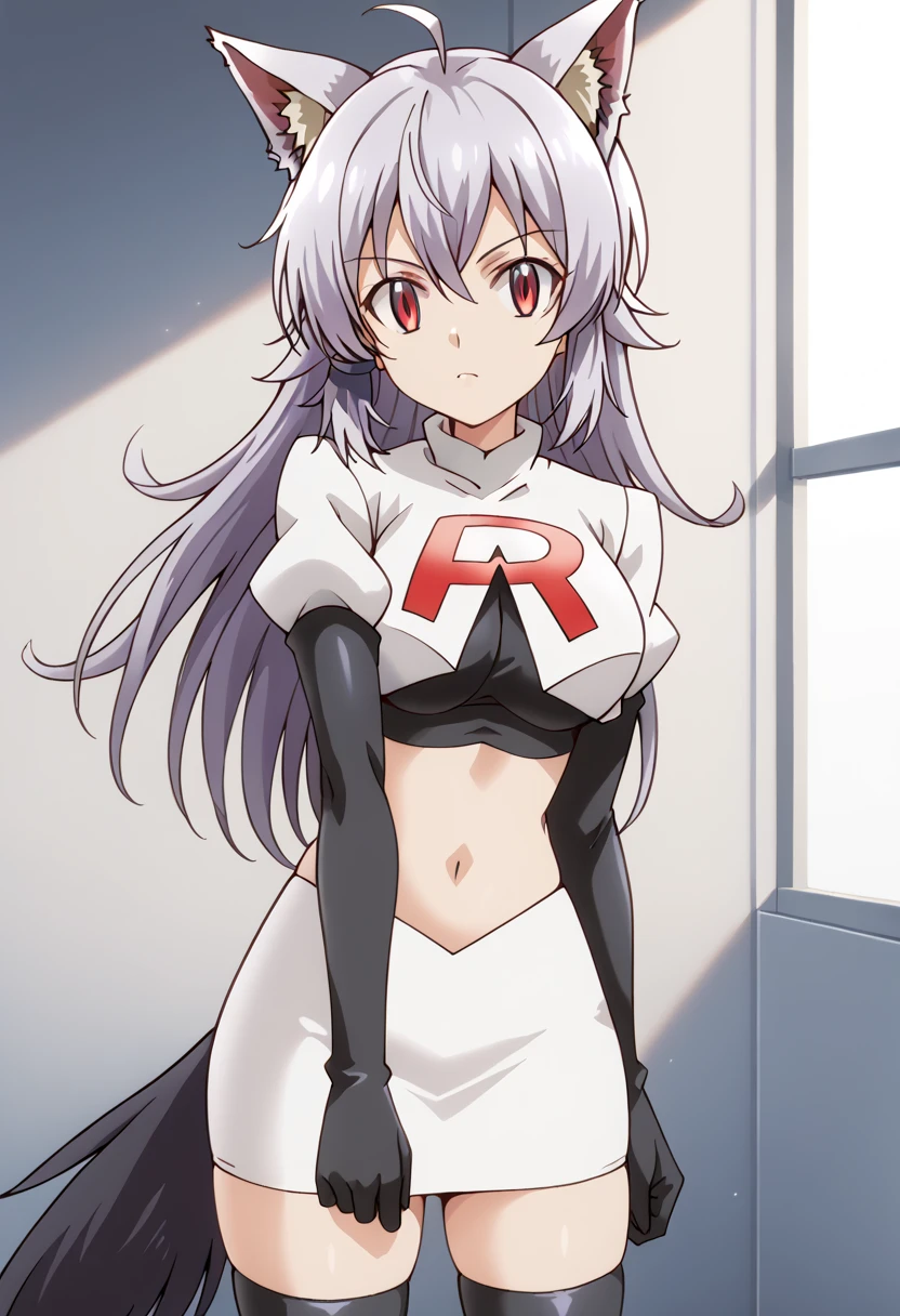 team rocket,team rocket uniform,white skirt,red letter R,crop top,black thigh-highs,black elbow gloves, cowboy shot, ag-wolfbete, wolf tail, medium breasts, 1girl, solo, skinny, masterpiece, high quality,score_9, score_8_up, score_7_up, source_anime, anime, anime style 