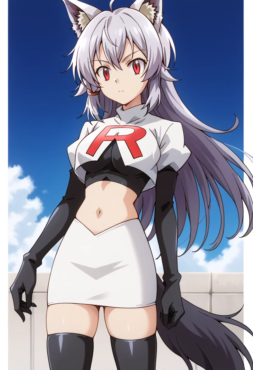 team rocket,team rocket uniform,white skirt,red letter R,crop top,black thigh-highs,black elbow gloves, cowboy shot, ag-wolfbete, wolf tail, medium breasts, 1girl, solo, skinny, masterpiece, high quality,score_9, score_8_up, score_7_up, source_anime, anime, anime style 