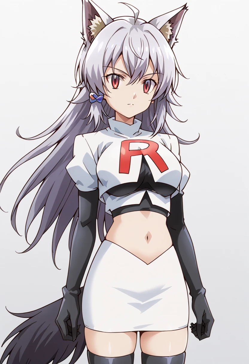 team rocket,team rocket uniform,white skirt,red letter R,crop top,black thigh-highs,black elbow gloves, cowboy shot, ag-wolfbete, wolf tail, medium breasts, 1girl, solo, skinny, masterpiece, high quality,score_9, score_8_up, score_7_up, source_anime, anime, anime style 