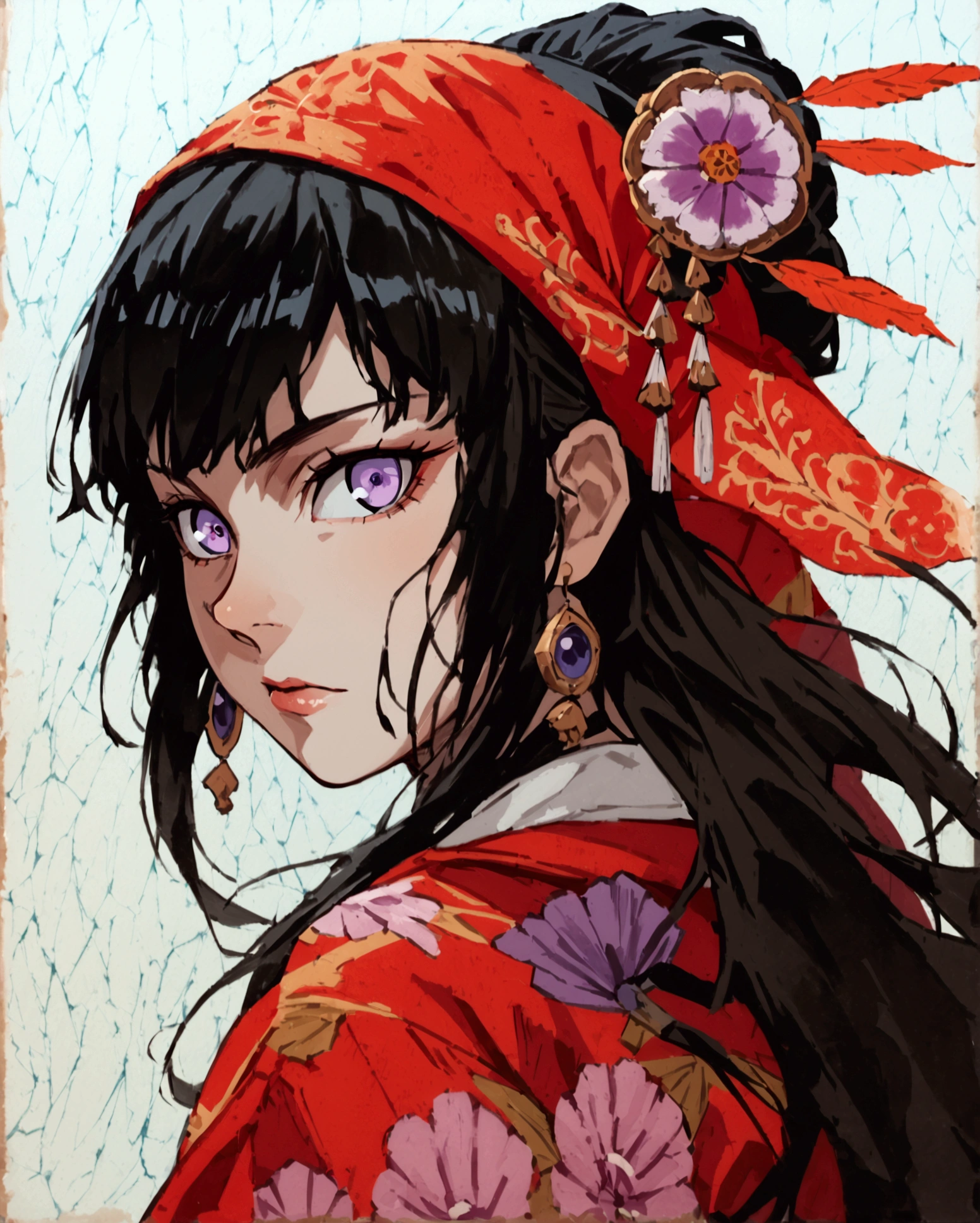  a girl, Alone,  High resolution,  long hair, breasts,  Looking at the viewer,  black hair, Ojos rojos, Cabello entre ojos,  Very long hair,  violet eyes costume,  Headband ,  Hanafuda earrings ,  From the Side , Vistas múltiples,  depth of field ,  from above,  From below,  Lines of movement,  masterpiece,  Precise, Pintura de acción,  The best quality ,  battōujutsu , kimono, Shinobi, ninja boots Ukiyo-e, 