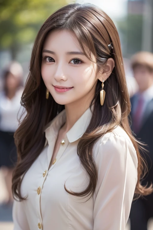 One Girl, High resolution, Large Breasts, Earrings, Attention to detail, Portraiture, smile, Long Hair, bangs, Brown Hair, announcer,Neat clothes,Reading a script on a news program