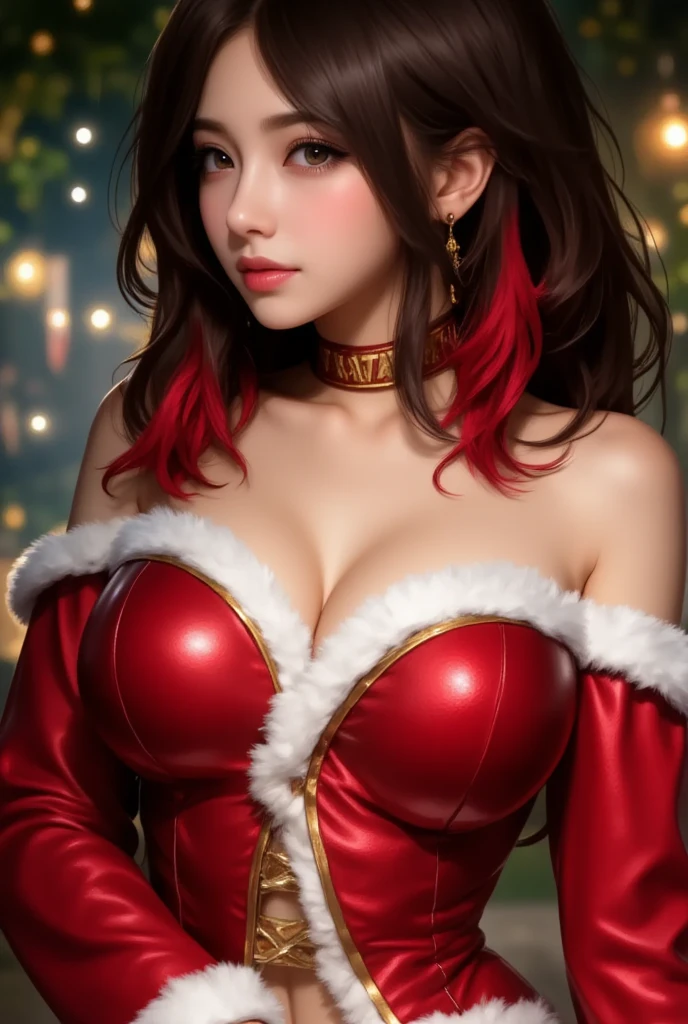 (highly detailed, absolute resolution, best quality:1.3), 2.5D, smooth and dynamic, shadow effect, very realistic, artistic photography,, (full body view:1.7), close-up image of a woman with long black and red hair, (Christmas Santa Claus Costume inscribed VEGAS338:1.7), Inspired by Magali Villeneuve, fantasy art portrait, fantasy portrait art, detailed matte fantasy portrait, Alice x. open at chest , fantasy portrait, epic fantasy art portrait, beautiful fantasy art portrait, Magali Villeneuve, Graphic Artist Magali Villeneuve, Fantasy genre portrait, epic fantasy digital art style