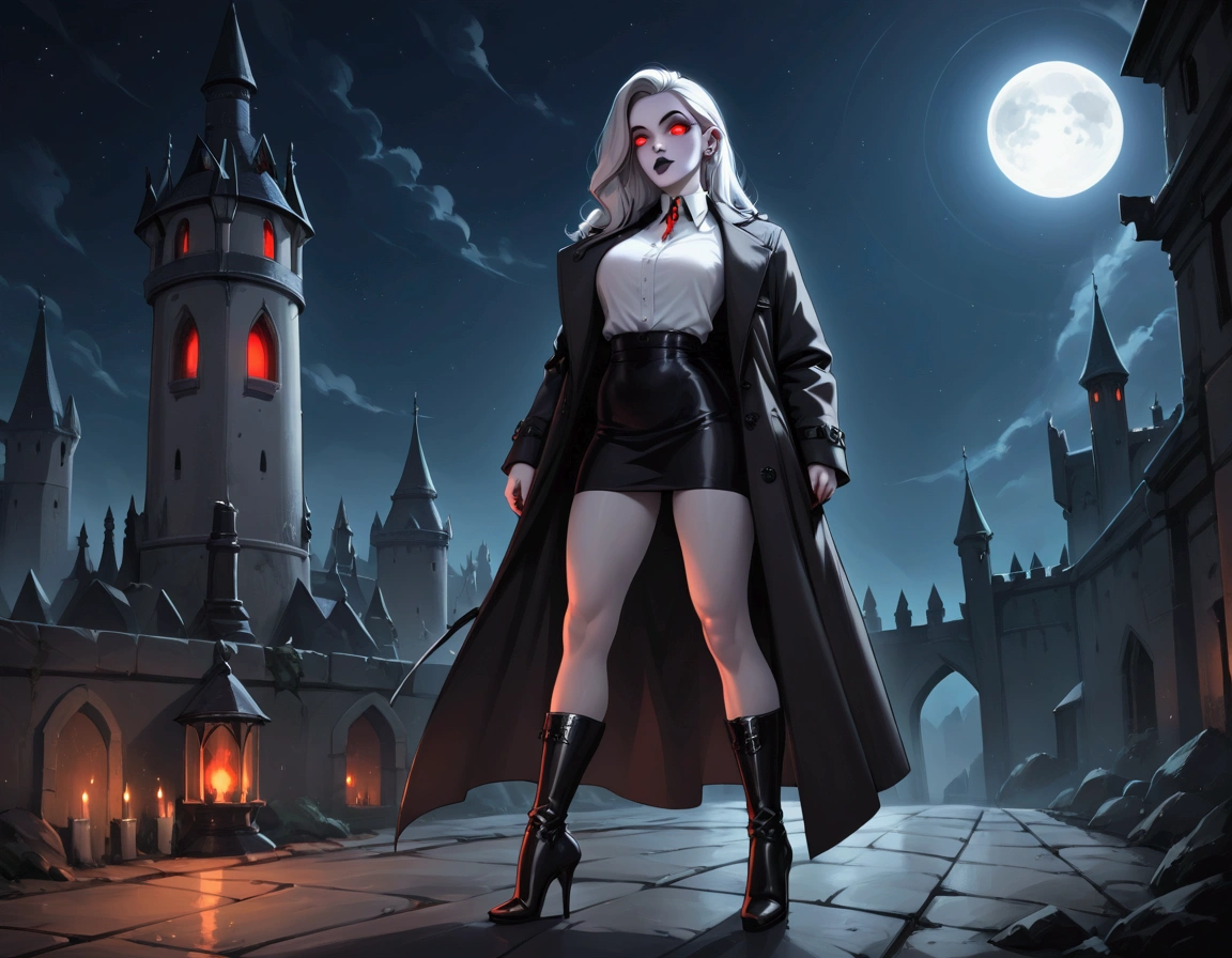 (full body)(dynamic pose) vampire queen, pale skin and glowing eyes wearing gothic lingerie, with a bloodthirsty smile and blood on the face, perfect body, blood moon in the background, scene is set in a city street seen from below with lots of bats, medium shot