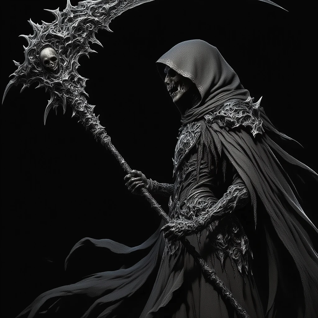 deadly horror, A striking monochromatic illustration of a grim reaper-like figure, cloaked in intricate, gothic-style robes with ornate patterns and metallic detailing. The figure's face is obscured by deep shadows under the hood, adding a mysterious and ominous aura. The large, ornate scythe held by the figure is highly detailed, featuring swirling engravings and elaborate decorations along the blade and handle. The texture of the robes is rich and layered, with flowing fabrics and tattered edges, contributing to a sense of age and decay. The overall mood of the artwork is dark and foreboding, emphasizing the themes of mortality and the macabre
