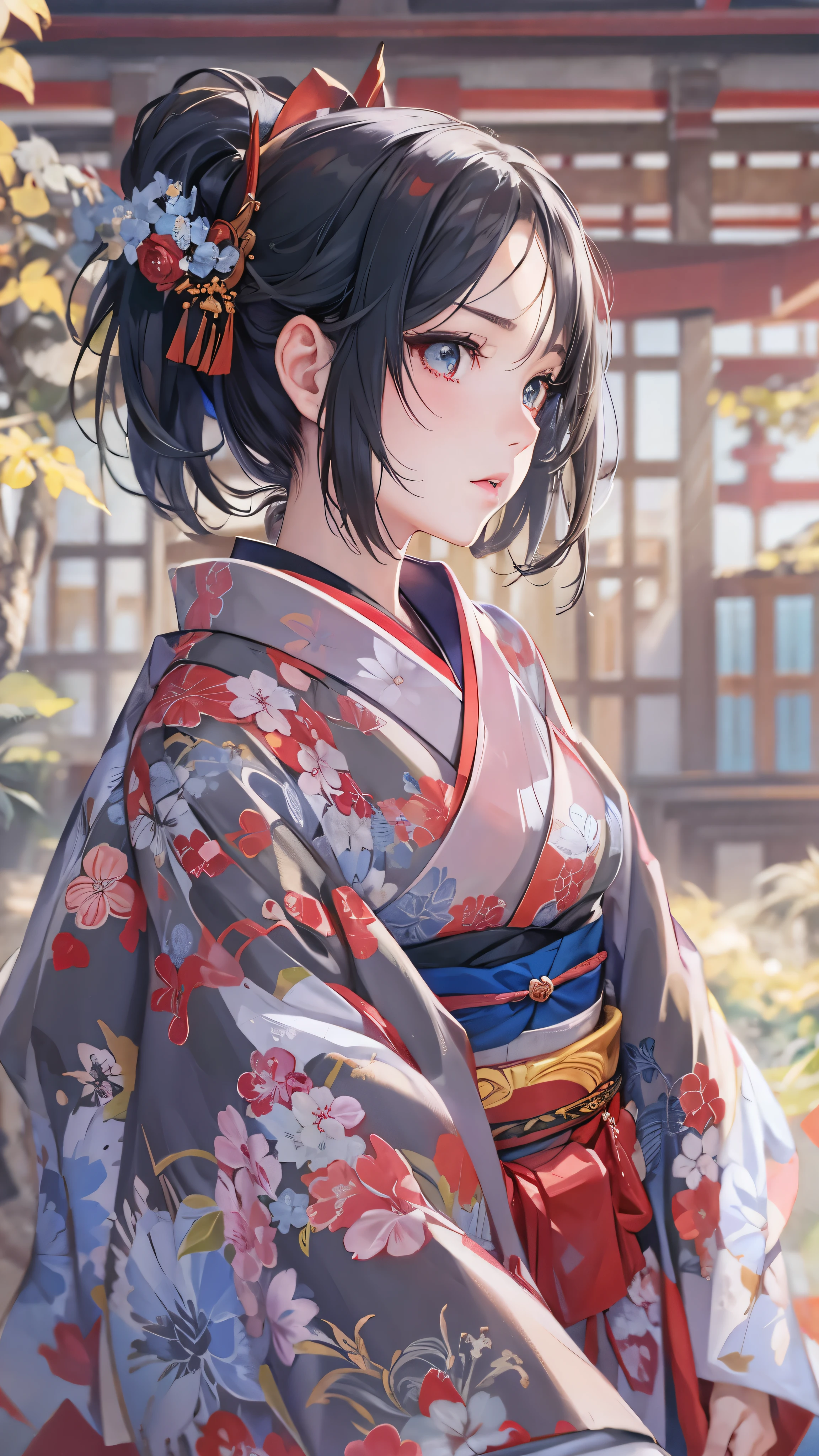  beautiful, masterpiece,  top quality ,  Extremely Detailed Faces,   perfect lighting,  1 girl, Alone,  matoi ryuuko , Japanese clothing, kimono, short kimono,   cowboy shot