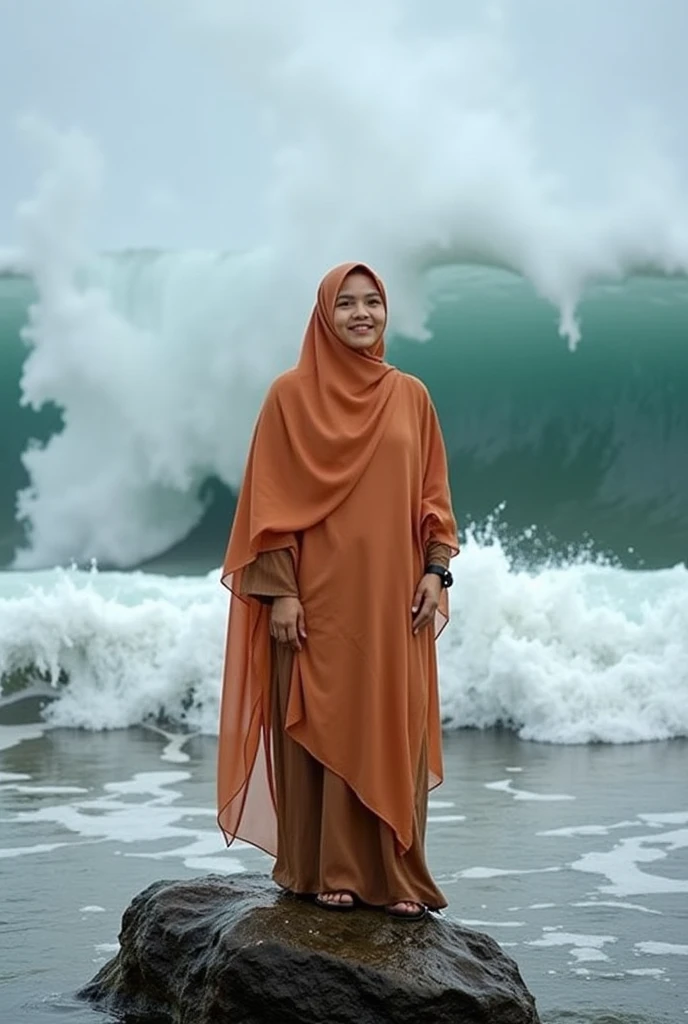 photography, realistic, an Indonesian woman ((35 years old, chubby cheeks, wearing a hijab covering her face, bright colored abaya)), the woman is standing, her face is visible, smiling, on a rock in the middle of the sea, behind the woman there are very large waves as high as a house rolling, the photo looks very dramatic, ultra HD, intricate details