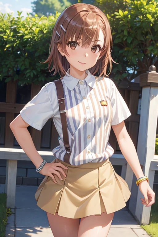 misaka mikoto、 shiny hair,  short hair, ( beautiful brown eyes、)、smile、 super detailed eyes、((hair clip)), very detailed face,  very detailed eyes,cowboy shot,、( One Girl )、 ,


Master Piece,  top quality ,  high res,   striped shirt ,  white shirt, Short sleeve,  Bracelet ,  miniskirt, yellow skirt, Outdoor,