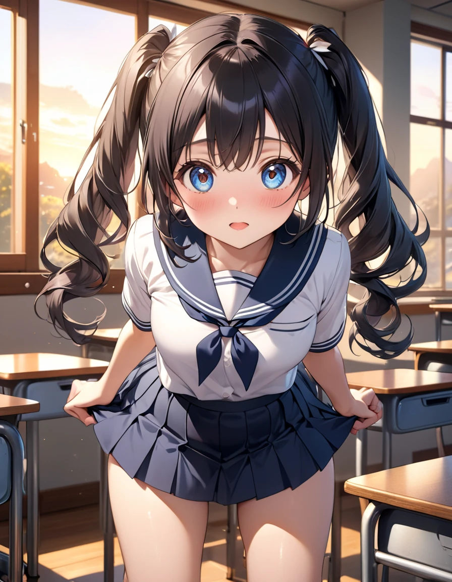 One girl, highest quality, Super detailed, masterpiece, Ultra-high resolution, 8k, Ridiculous, Cowboy Shooting, Focus on the girl, Embarrassing, blush, Lovely, Close one eye, With tears in her eyes and her mouth open, What saliva leaves behind, (arms behind head), (wariza), (sailor uniform), (cleavage out), (crop top navel),(torn clothes), Sticky panties, White lace panties, Classroom Background, (Videl:1.2), The skirt is accidentally exposed,medium breasts, Accidentally exposed panties, Absolute area, Black knee socks
