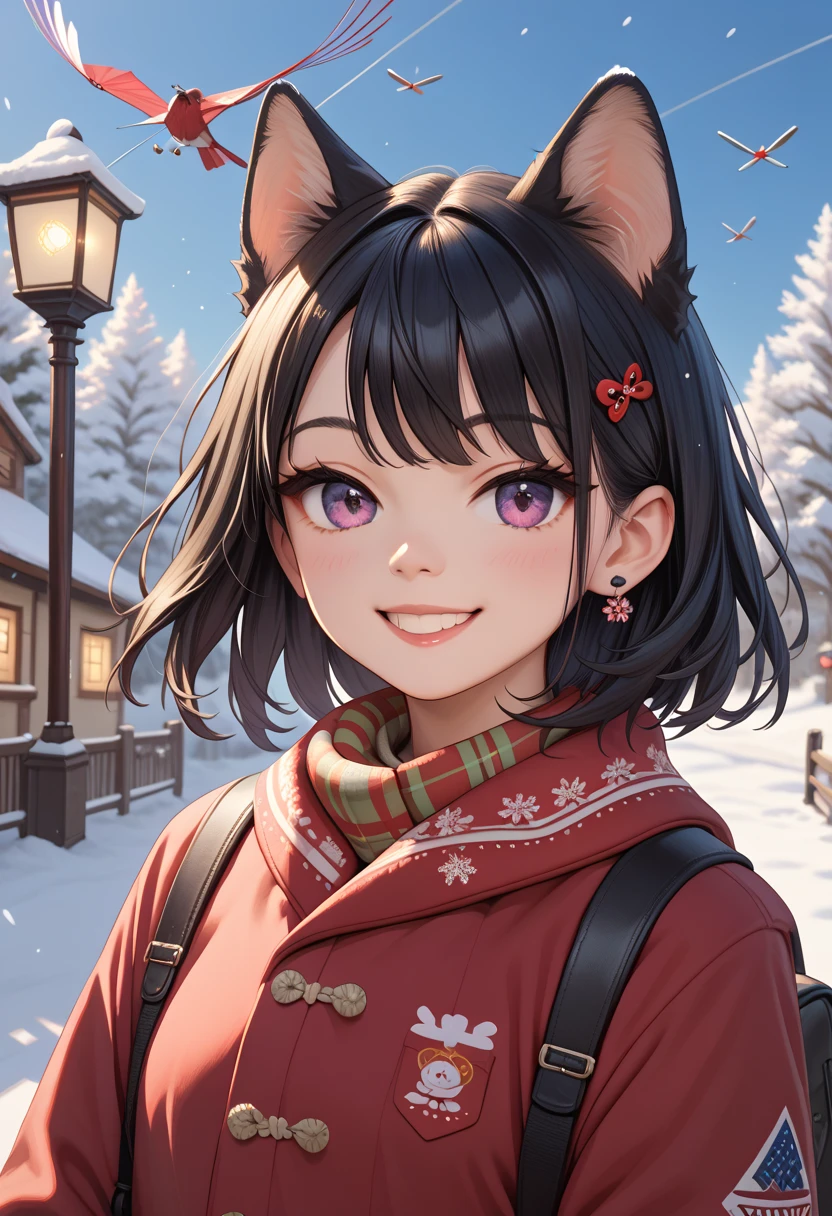    ，Dog ear girl，        black hair，    black ear    ，  winter，smile，fun，    upper body， January， battledore，Kite flying，New Year