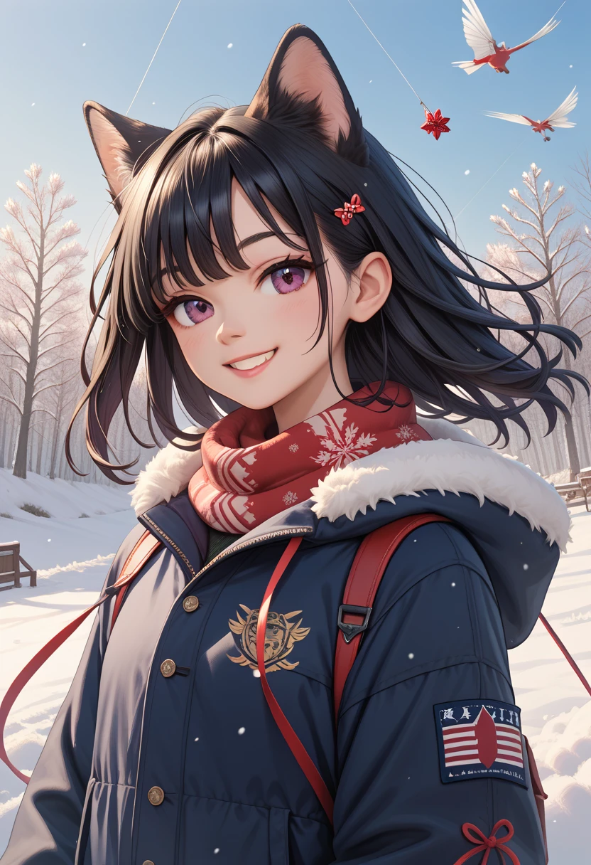    ，Dog ear girl，        black hair，    black ear    ，  winter，smile，fun，    upper body， January， battledore，Kite flying，New Year