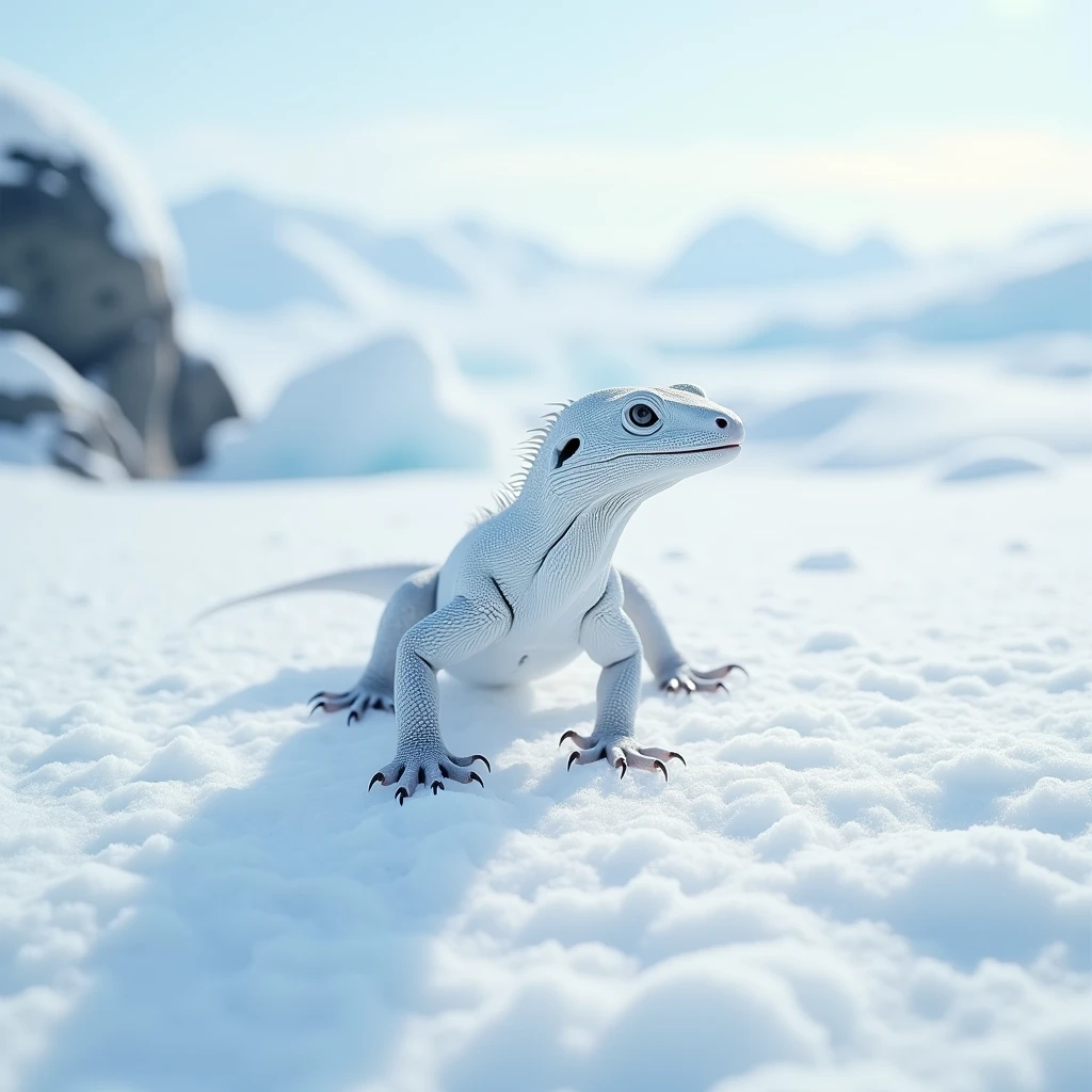 "Create a visually captivating video of a white polar lizard moving gracefully across a snowy, frozen landscape. The lizard’s sleek, white scales blend with the surrounding icy environment, while its eyes stand out with a striking contrast. Snow gently falls around as the lizard navigates through the cold, pristine expanse, leaving faint tracks behind. The backdrop features distant glaciers, frosty rocks, and soft, pale sunlight illuminating the frozen world. The camera alternates between close-ups of the lizard's detailed features and wide shots of its journey across the vast, wintry terrain."

