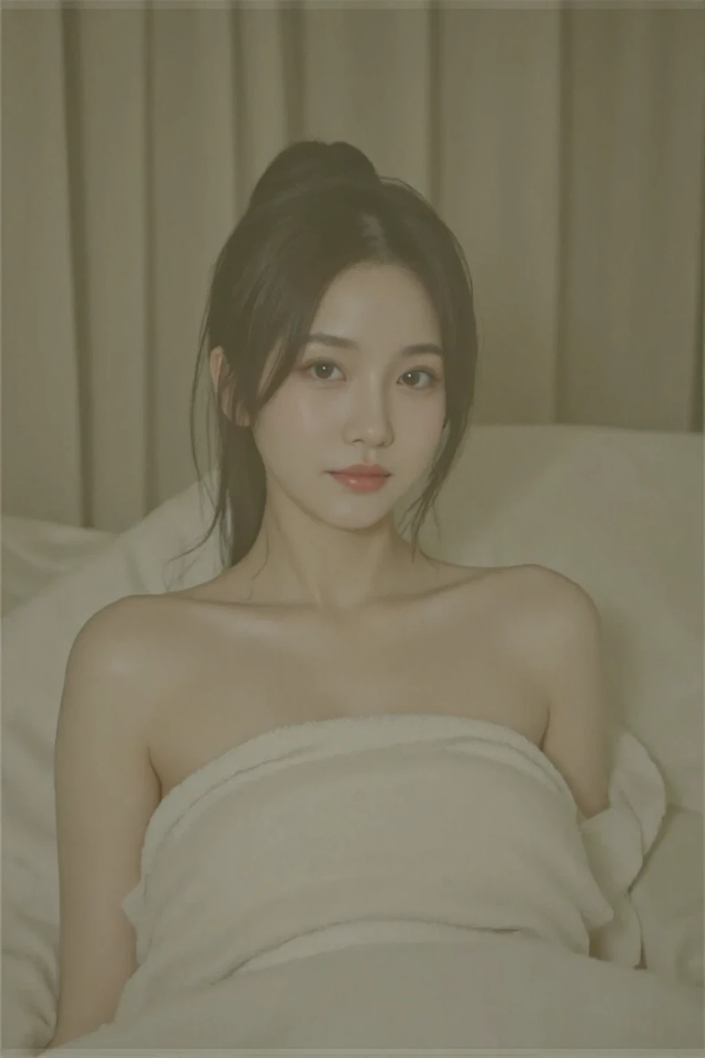 A beautiful kpop star. TWO SCREENS for showing before and after results /// LEFT: lying on a massage bed wrapped in a big towel /// RIGHT: fully naked and climaxing on the same massage bed