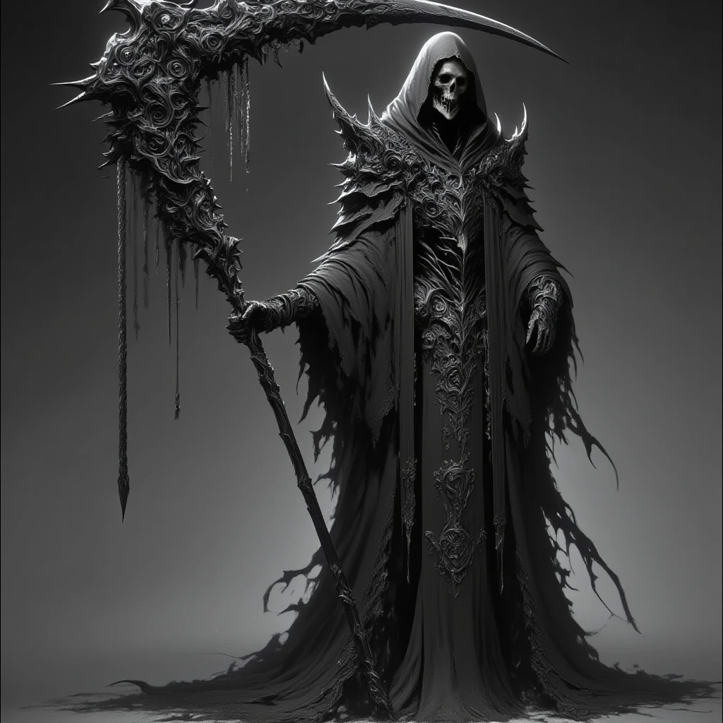 deadly horror, A striking monochromatic illustration of a grim reaper-like figure, cloaked in intricate, gothic-style robes with ornate patterns and metallic detailing. The figure's face is obscured by deep shadows under the hood, adding a mysterious and ominous aura. The large, ornate scythe held by the figure is highly detailed, featuring swirling engravings and elaborate decorations along the blade and handle. The texture of the robes is rich and layered, with flowing fabrics and tattered edges, contributing to a sense of age and decay. The overall mood of the artwork is dark and foreboding, emphasizing the themes of mortality and the macabre
