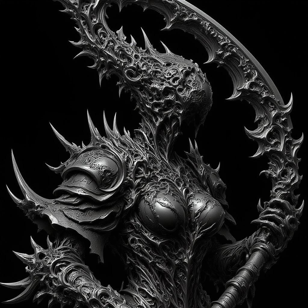 deadly horror, A striking monochromatic illustration of a grim reaper-like figure, cloaked in intricate, gothic-style robes with ornate patterns and metallic detailing. The figure's face is obscured by deep shadows under the hood, adding a mysterious and ominous aura. The large, ornate scythe held by the figure is highly detailed, featuring swirling engravings and elaborate decorations along the blade and handle. The texture of the robes is rich and layered, with flowing fabrics and tattered edges, contributing to a sense of age and decay. The overall mood of the artwork is dark and foreboding, emphasizing the themes of mortality and the macabre
