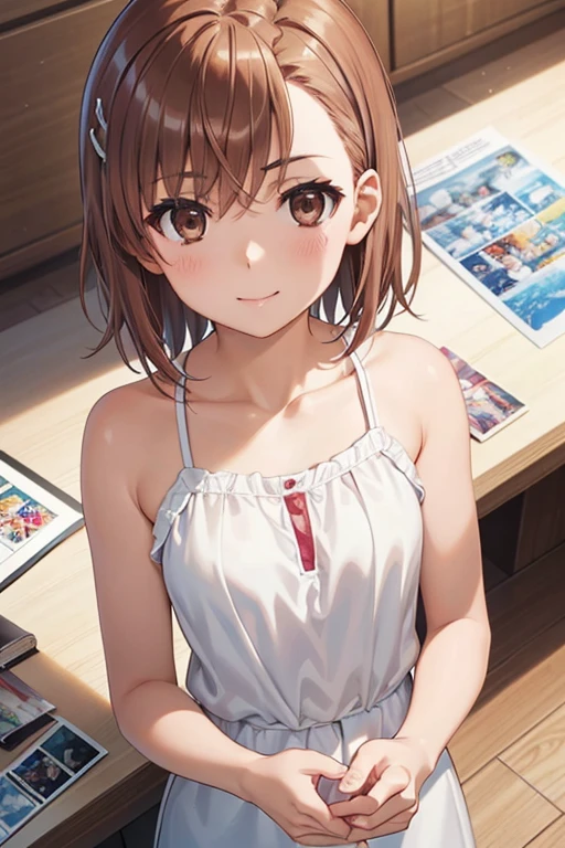 misaka mikoto、 shiny hair,  short hair, ( beautiful brown eyes、)、smile、 super detailed eyes、((hair clip)), very detailed face,  very detailed eyes,cowboy shot,、( One Girl )、 ,


Master Piece,  top quality ,  high res,  woman， short camisole，white，art，advertisement，Colored pencil drawing，draft ， comic collage 