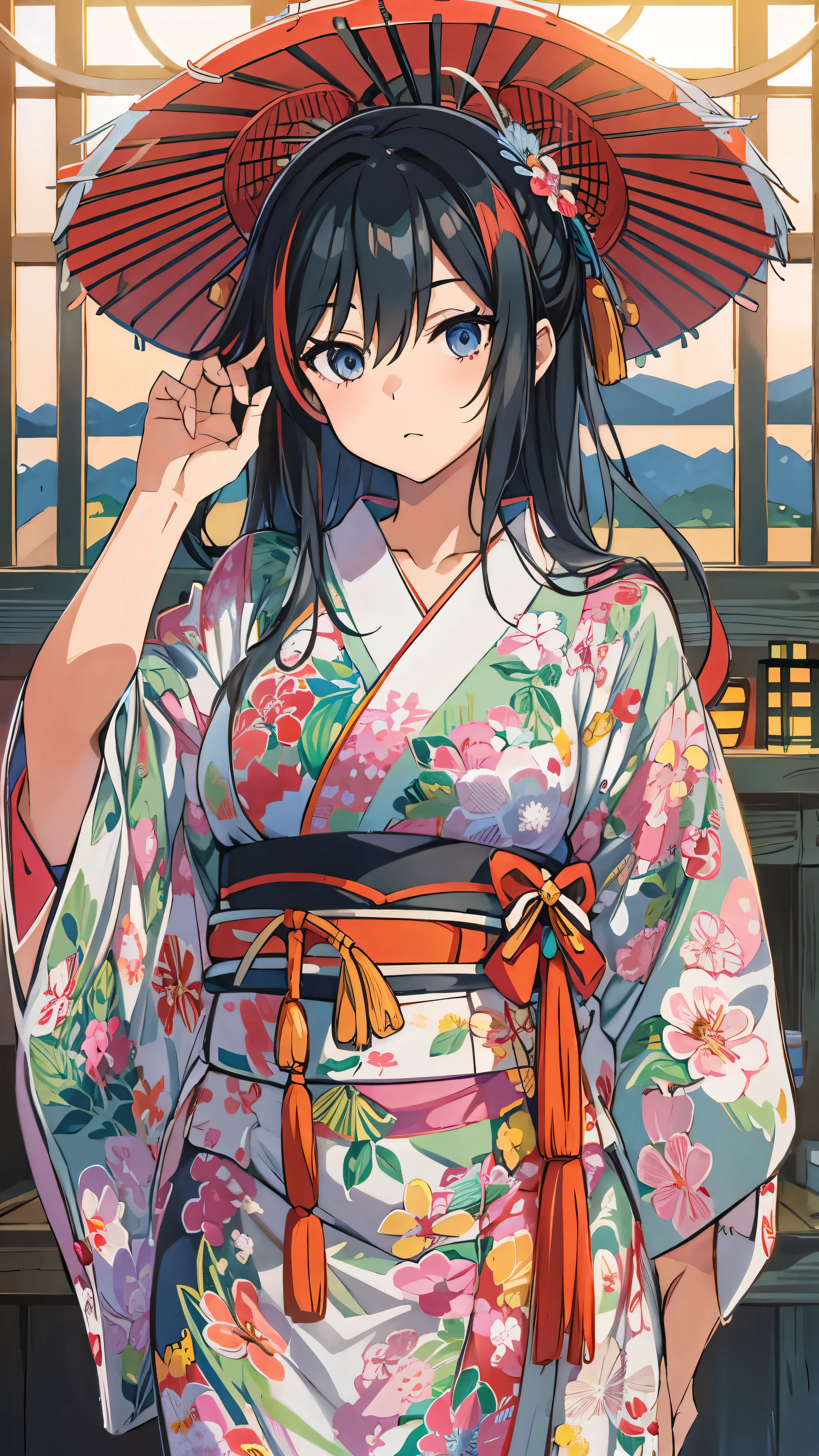  beautiful, masterpiece,  top quality ,  Extremely Detailed Faces,   perfect lighting,  1 girl, Alone,  matoi ryuuko , Japanese clothing, kimono, short kimono,   cowboy shot