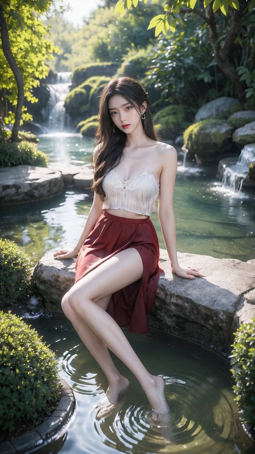 (masterpiece,  Best Quality :1.2),  1 girl,  unique , ((Bare shoulders, The skirt is very short)), Deep in Wonderland，moonlight， sit in a hot spring and play in the water , Sexy Model， slim sexy legs ，Beautiful legs， shows off her sexy legs ，Big ，beauty Mystery colors。脸蛋beauty精致，Otherworldly beauty。The light of wisdom。cherry lips ， show confidence and calm。 with obvious facial contours ，Skin like jade，Reveal healthy glow， Light and delicate makeup ，Show temperament and charm。Skin transparency，Bright and vivid 。Charming and sophisticated。Fluttering clothes ， action swing 。beauty&#39;s scenery ，Charming Posture。Big , beauty，grace， Mystery，Dream。