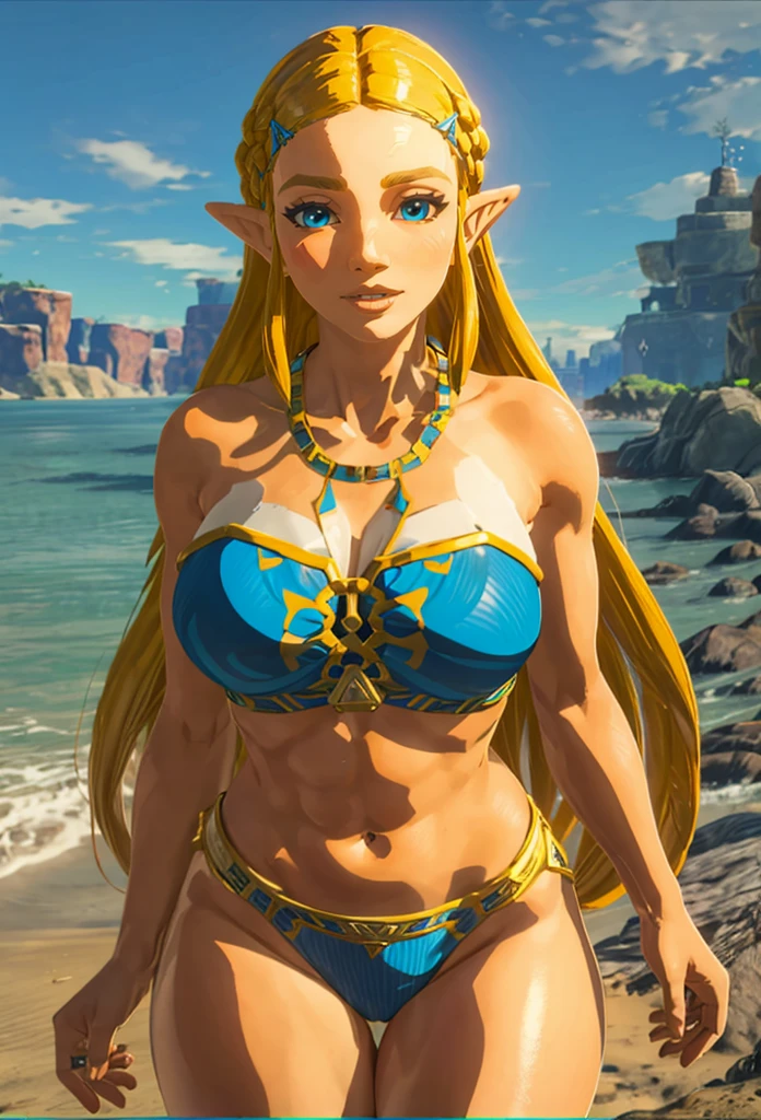 ((masterpiece)), ((best quality)), (detailed), perfect, solo, zelda, gorgeous woman with bikini, luscious lips, long hair, huge breast, deep cleavage, huge breasts, sexy,