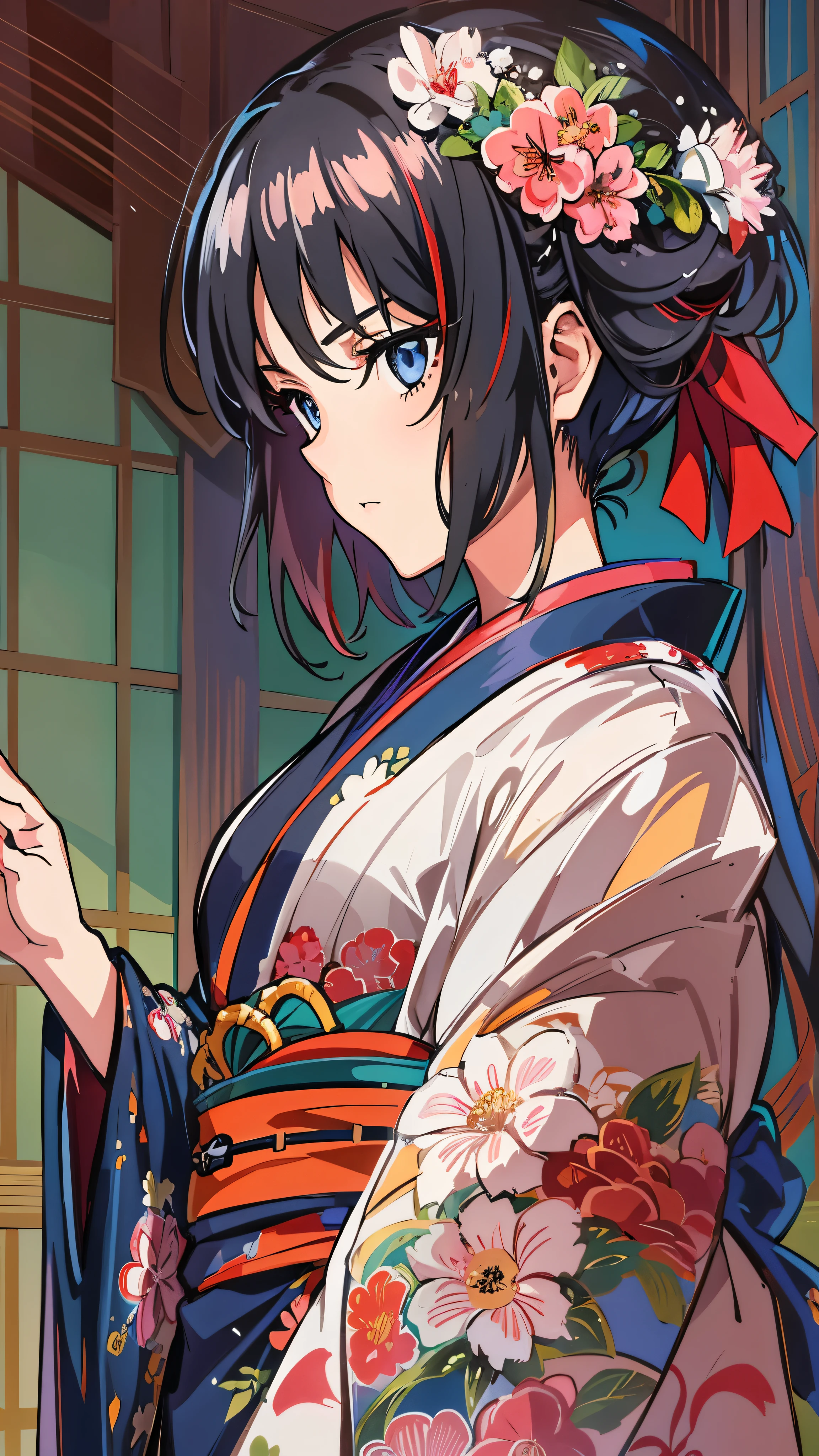  beautiful, masterpiece,  top quality ,  Extremely Detailed Faces,   perfect lighting,  1 girl, Alone,  matoi ryuuko , Japanese clothing, kimono, short kimono,   cowboy shot