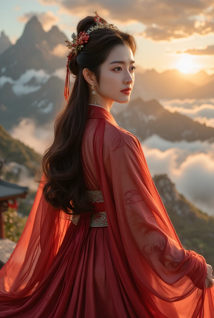 Close-up shot of Princess: A regal young Japanese princess, donning an exquisite red Hanfu, gazes confidently to her right side, her long brown hair cascading down her back like a silky waterfall. Her elegant features are illuminated by warm, cinematic lighting, as she dances majestically atop a dramatic clouds, her body framed against the panoramic backdrop of towering mountain peaks and the fiery glow of sunrise., Ancient costume beauties