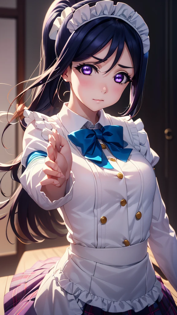 , Kanan Matsuura,  long hair,  blue hair, ( purple eyes:1.1),  ponytail, side lock,
break skirt,break looking at viewer, 
break (masterpiece:1.2),  top quality ,  high res, unity 8k wallpaper, ( illustration:0.8), ( beautiful detailed eyes:1.6),  extremely elaborate face ,  perfect lighting,  highly detailed CG with long hem and sleeves, (perfect hand,  Perfect Anatomy), blush , ((クローズアップ)), (((メイド服))),恥ずかしがる,ダイナミックなポーズ