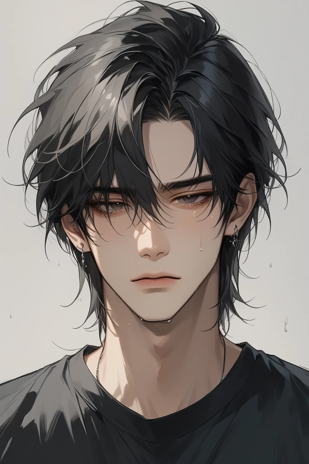 (score_9, score_8_up), medium hair, masterpiece, best quality, 1 man , black hair , perfect face , black eye , handsome male , Alone, adult male , delicate line drawingimpasto, masterpiece, high resolution, Top quality, unique , 1 male , nice , tanned skin , black haired, black t-shirts, a dirty person, tears