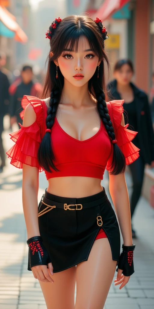 A young Asian woman, positioned slightly off-center to the left of the frame, is depicted in a dynamic, slightly stylized fashion.  She has long, dark black hair, styled in a braid adorned with red accents, and expressive brown eyes.  Her complexion is fair.  Her expression is neutral, with a slight hint of confidence.  She is wearing a cropped, vibrant red top with layered ruffled sleeves, a black, high-waisted skirt with a thigh-high slit, and black gloves with red/black patterns.  A gold chain is visible on the skirt's waistband.  Her body type is slender and athletic, with a visible waistline.  She is walking or posing, suggesting a sense of movement. The background is slightly out of focus, containing a street scene with blurred figures. The overall colors are bold with red, black, and hints of brown and beige. The lighting in the image is bright and directs attention to the woman's features and clothing. The composition and perspective suggest a street style or fashion photoshoot. The style and atmosphere are contemporary and fashionable. The image showcases a stylish, confident young woman.