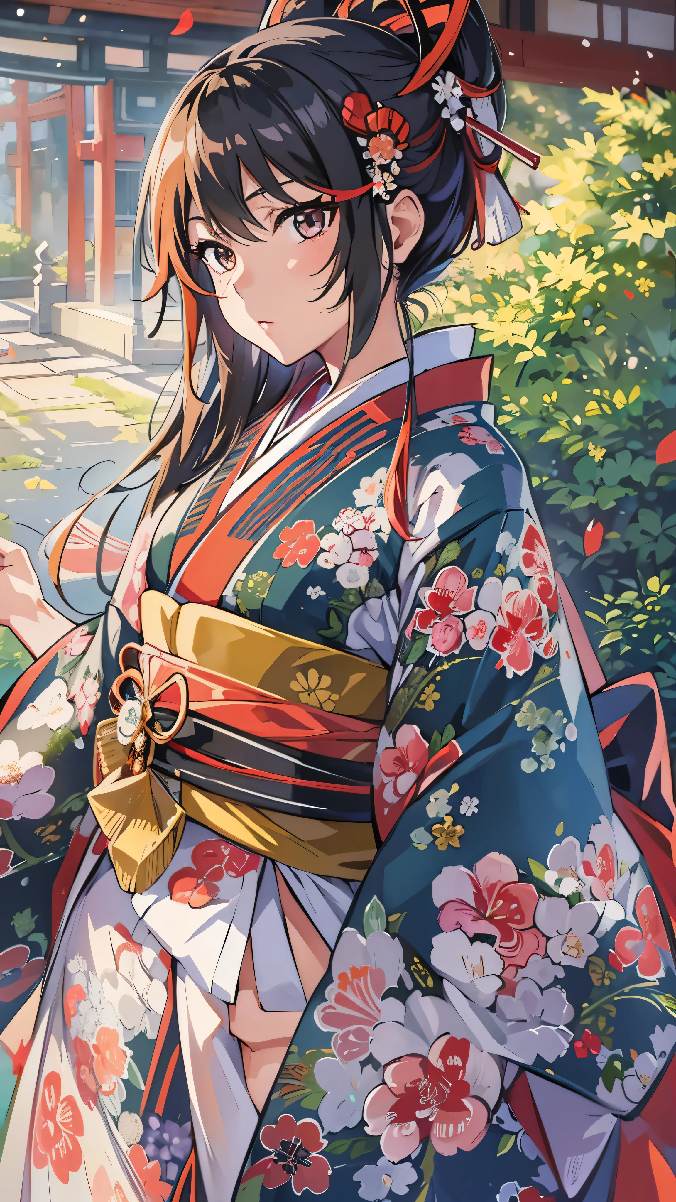  beautiful, masterpiece,  top quality ,  Extremely Detailed Faces,   perfect lighting,  1 girl, Alone,  matoi ryuuko , Japanese clothing, kimono, short kimono,   cowboy shot