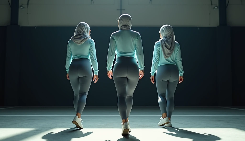 group of hijabi girl , wearing tight legging , doing squat , cameltoe , transparent legging
