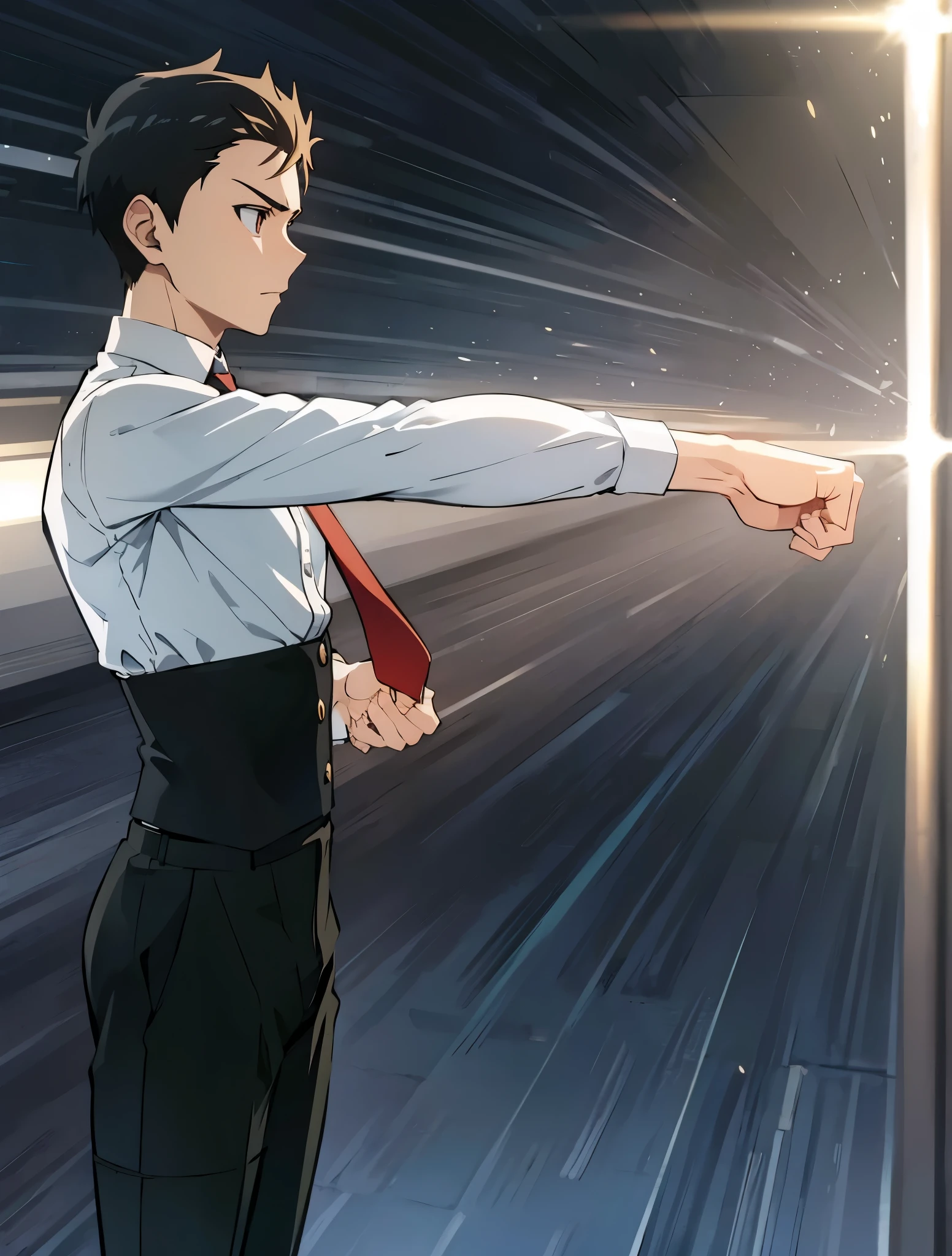 Anime boy, punching, fight, punch, speed line, wearing white shirt, red tie, black pants , sleeves fold , fist