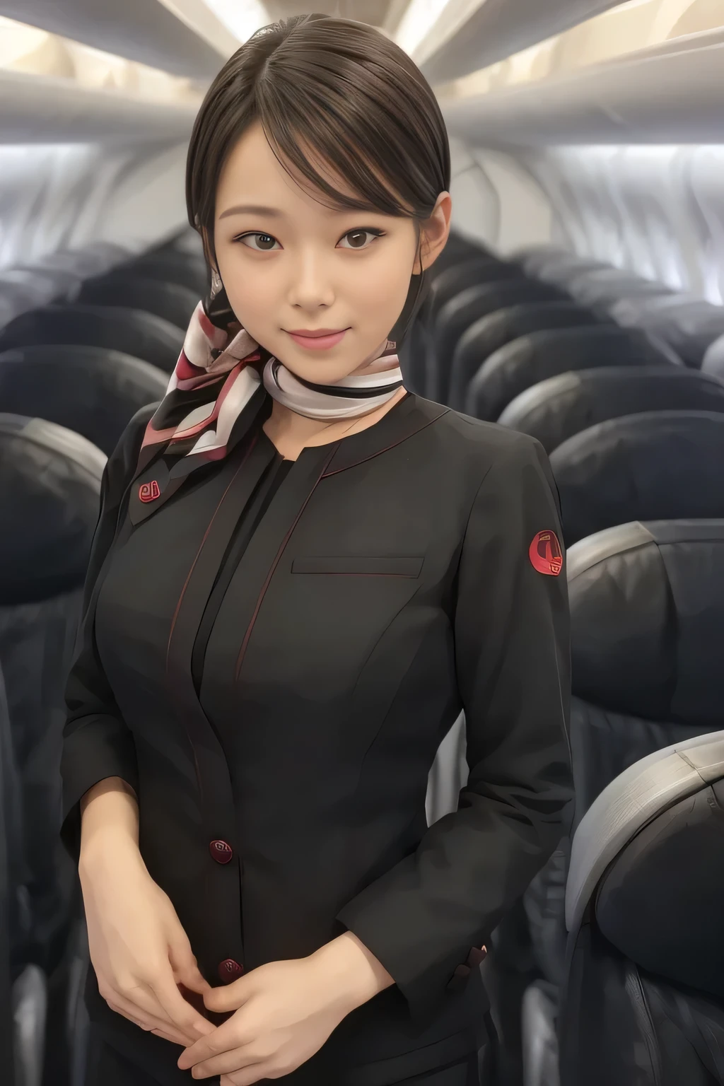 (masterpiece:1.2,  top quality :1.2), 32kHDR,  high definition  , (Alone、  1 girl)、（ on board）、In-flight background、（ Wearing the JAL cabincrew uniform  ）、（（JAL cabincrew uniformのジャケット、 jumper skirt 、 Scarf around the neck ））、  dark brown hair  、（  Super Long Hair Wrap Hair、Braid Wrap Up Hair ）、  long hit 、Big Breasts、Thin legs、（（ amazing hands：2.0）），（（ harmonious body proportions ：1.5）），（（Normal limbs：2.0）），（（Usually ：2.0）），（（ Delicate eyes：2.0）），（（Normal eyes：2.0））)、smile、（ Beautiful figure standing in the JAL cabincrew uniform ）、Cross your hands 