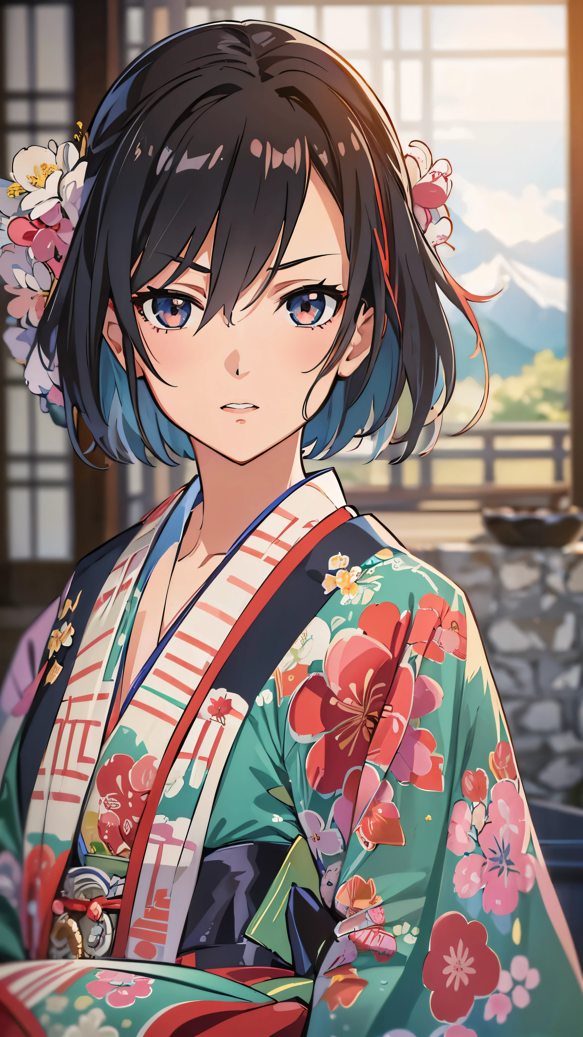  beautiful, masterpiece,  top quality ,  Extremely Detailed Faces,   perfect lighting,  1 girl, Alone,  matoi ryuuko , Japanese clothing, kimono, short kimono,   cowboy shot