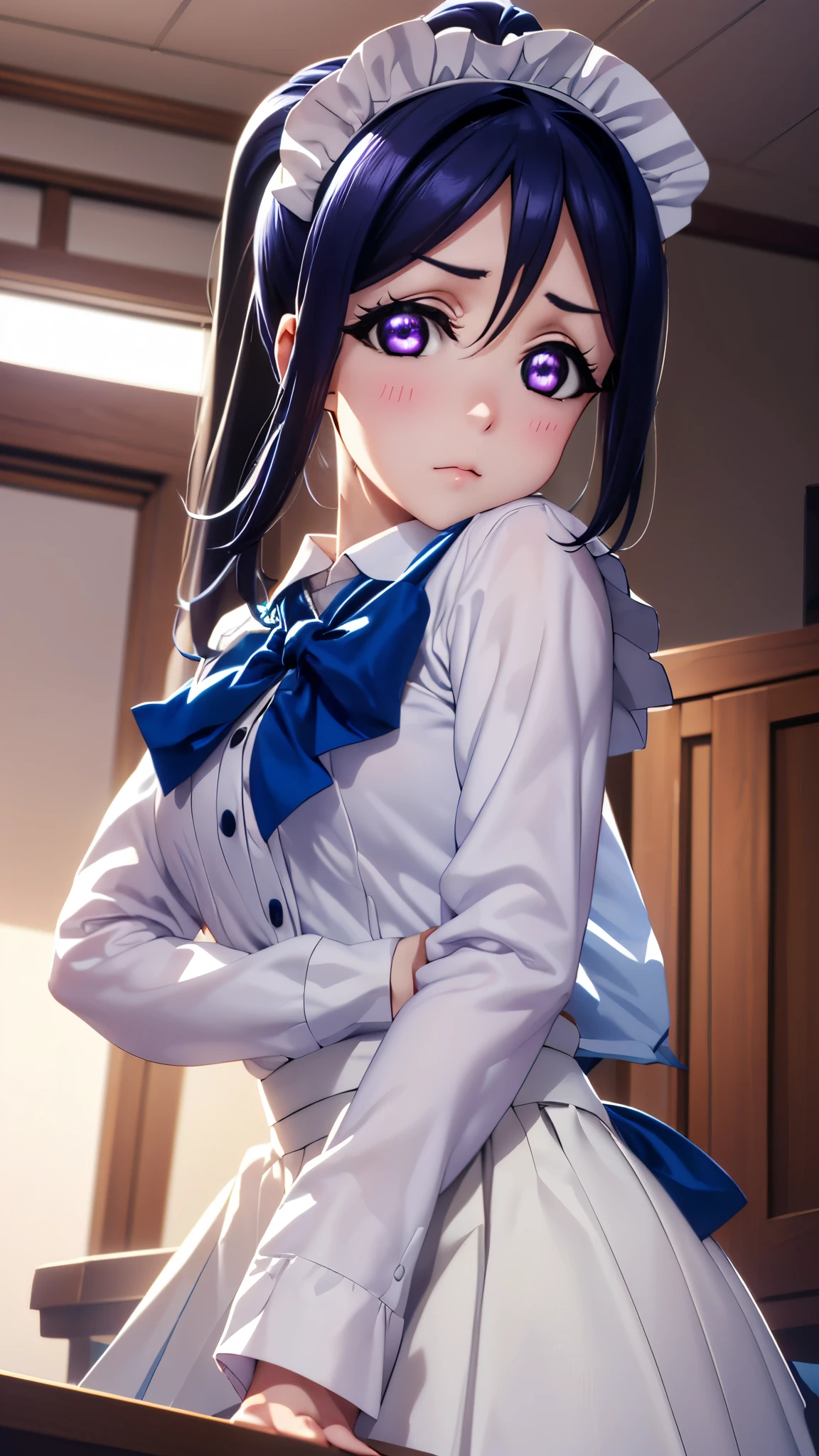 , Kanan Matsuura,  long hair,  blue hair, ( purple eyes:1.1),  ponytail, side lock,
break skirt,break looking at viewer, 
break (masterpiece:1.2),  top quality ,  high res, unity 8k wallpaper, ( illustration:0.8), ( beautiful detailed eyes:1.6),  extremely elaborate face ,  perfect lighting,  highly detailed CG with long hem and sleeves, (perfect hand,  Perfect Anatomy), blush , ((クローズアップ)), (((メイド服))),恥ずかしがる,ダイナミックなポーズ