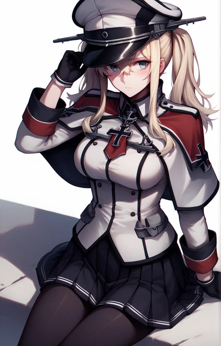 1girl, solo, graf_zeppelin_(kancolle), blonde_hair, hat, pantyhose, skirt, gloves, peaked_cap, capelet, twintails, black_pantyhose, miniskirt, long_hair, breasts, sitting, black_gloves, pleated_skirt, hair_between_eyes, uniform, large_breasts, looking_at_viewer, sidelocks, white_background, cross, simple_background, necktie, wariza, long_sleeves, blue_eyes, iron_cross, anchor, military, blush, military_uniform