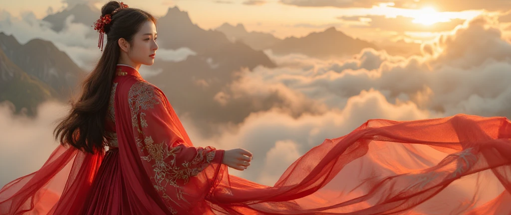 Close-up shot of Princess: A regal young Japanese princess, donning an exquisite red Hanfu, gazes confidently to her leftt side, her long brown hair cascading down her back like a silky waterfall. Her elegant features are illuminated by warm, cinematic lighting, as she dances majestically atop a dramatic clouds, her body framed against the panoramic backdrop of towering mountain peaks and the fiery glow of sunrise., Ancient costume beauties