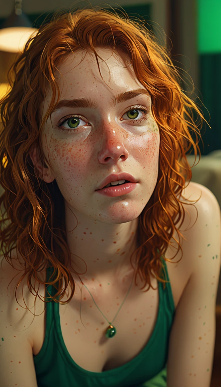 19 teen, (cute face:1.5), (detailed face:1.75),short wavy|messy hair, piercing eyes, (Irish redhead emerald_eyed), thick thighs, (freckles:0.6), (imperfect skin), makeup, blushing, night, cozy, highres, masterpiece, cinematic lighting, sharp subject focus, skimpy green triangle bikini top, pajama pants, tears welling, sitting on chair, study room, looking up at viewer, from above, sad, scared