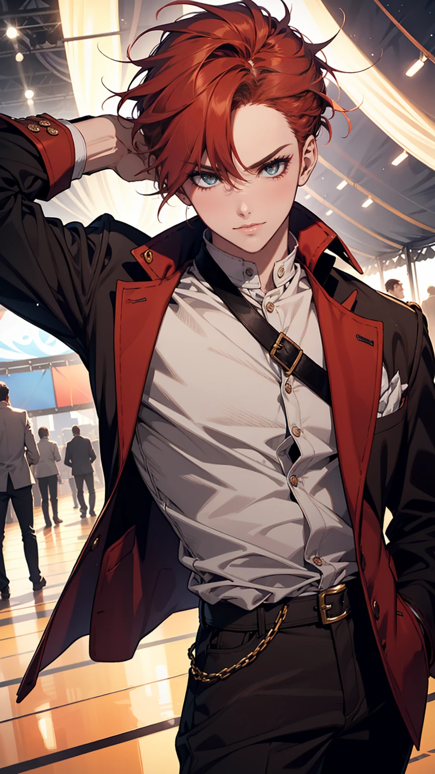 A charismatic young man with messy red hair and sharp amber eyes, exuding a playful yet confident aura. His attire reflects a laid-back style with a classy edge, often seen in a casual jacket, loose-fitting shirt, and accessories like rings or chains. His expression is mischievous, with a grin that hints at his carefree nature but also his determination and ambition. In the background, there's a lively, vibrant circus tent setting with dramatic lighting that highlights his bold personality. The overall tone is dynamic and rebellious, matching his energetic spirit.