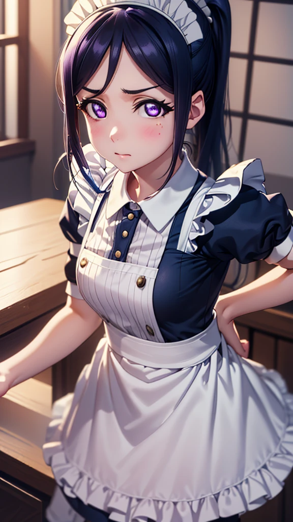 , Kanan Matsuura,  long hair,  blue hair, ( purple eyes:1.1),  ponytail, side lock,
break skirt,break looking at viewer, 
break (masterpiece:1.2),  top quality ,  high res, unity 8k wallpaper, ( illustration:0.8), ( beautiful detailed eyes:1.6),  extremely elaborate face ,  perfect lighting,  highly detailed CG with long hem and sleeves, (perfect hand,  Perfect Anatomy), (((blush ))), (( close-up)), ((( maid clothes))),((( Embarrassing Expression))),