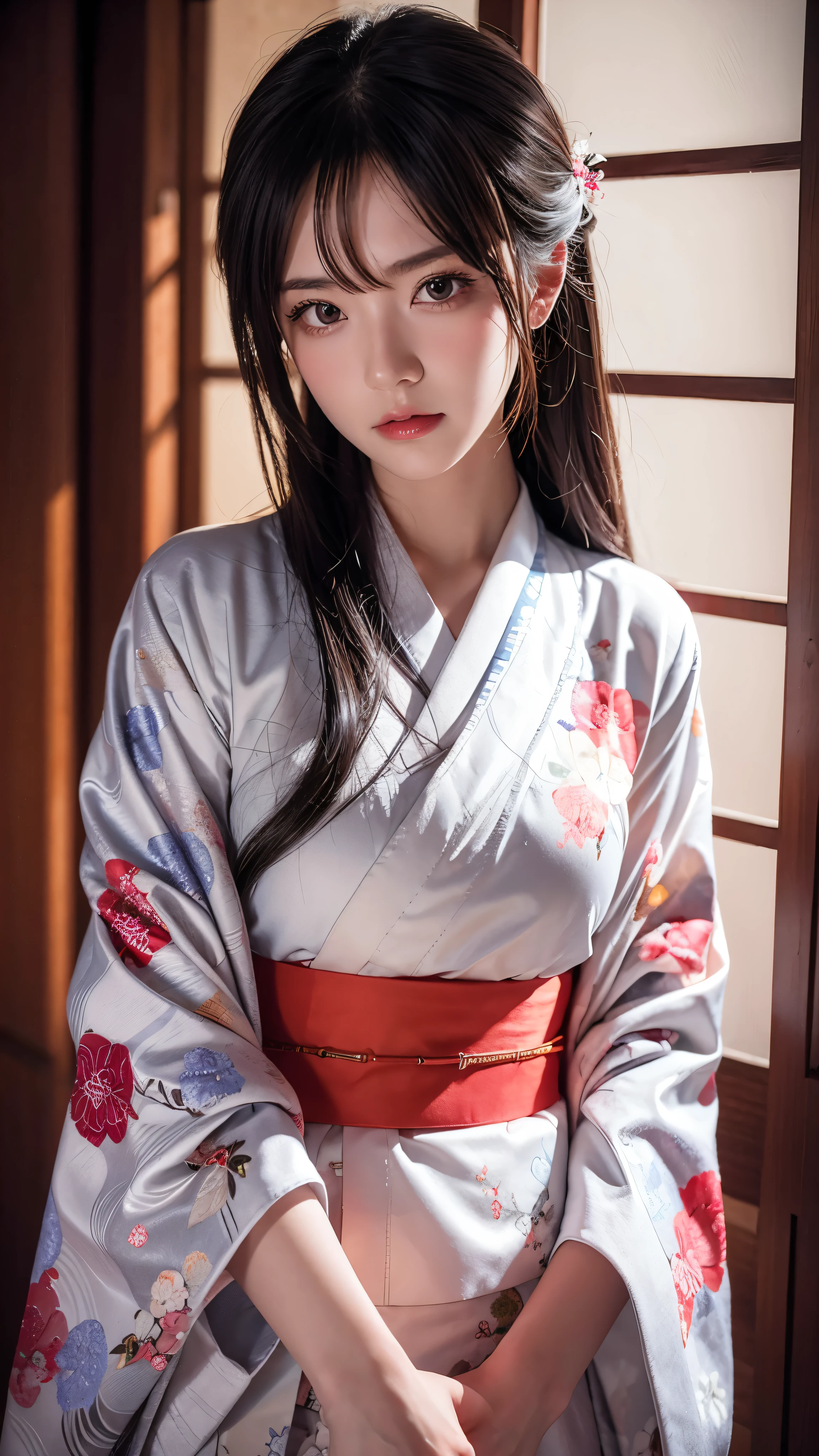 beautiful, masterpiece, top quality , Extremely Detailed Faces, perfect lighting, 1 girl, Alone, matoi ryuuko , Japanese clothing, kimono, short kimono, cowboy shot
