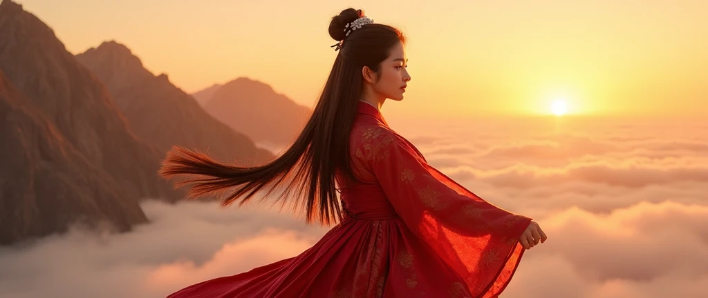 Close-up shot of Princess: A regal young Japanese princess, donning an exquisite red Hanfu, gazes confidently to her leftt side, her long brown hair cascading down her back like a silky waterfall. Her elegant features are illuminated by warm, cinematic lighting, as she dances majestically atop a dramatic clouds, her body framed against the panoramic backdrop of towering mountain peaks and the fiery glow of sunrise., Ancient costume beauties