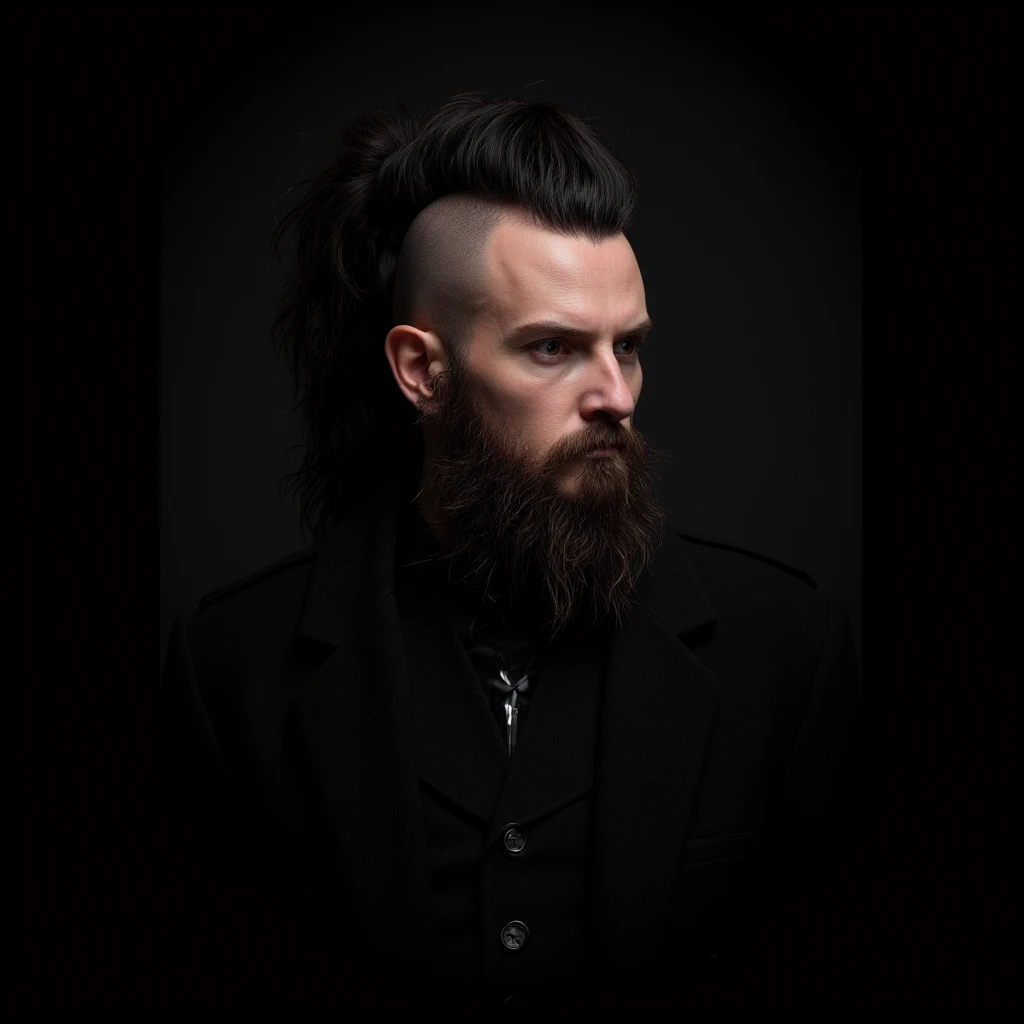 detailed portrait of a strange gothic man with a scruffy long beard, wearing a Victorian Gothic black suit, sloppy beard, long uncombed hair tied in a ponytail with shaved sides like a mohican punk, dramatic lighting, moody atmosphere, dark and gritty, cinematic, highly detailed, intricate texture, 8k, photorealistic