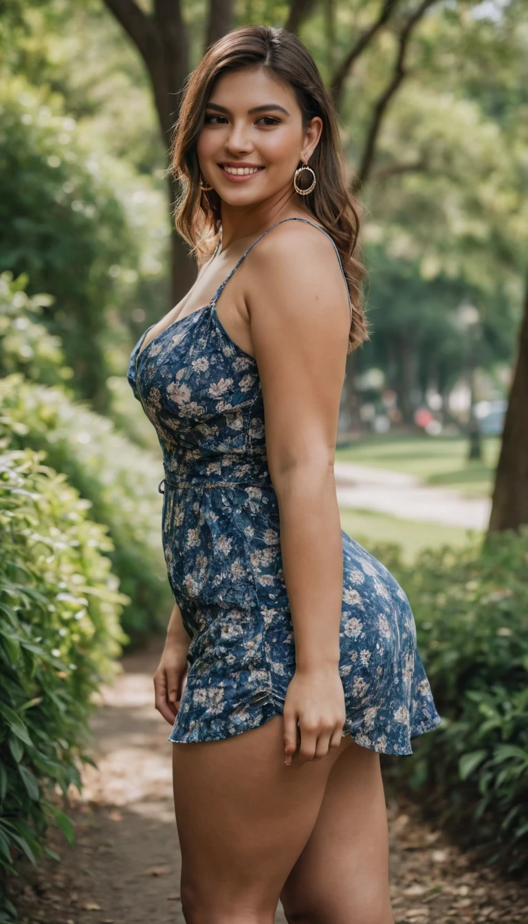 A photo of a sexy, curvy 20 year old innocent greek thick girl from a normal park setting. She's wearing a loose, sleeveless mini micro blue floral sundress that hugs her figure, showcasing her thick muscular thighs. She wears high heels. Her confident smirk radiates charisma as she walks in a brisk fashion under the natural sunlight, her large earrings catching the light. The scene is vivid with the lush greenery of the park in the background. The soft breeze adds a playful movement to her dress. Detailed skin texture, DSLR quality, cinematic lighting, and intricate accessories all come together to capture her allure in this full-body view, (((deep open neckline))), ((frowning)), (((full body view))), (((inner thighs))), (((thick thighs))), (((sexy thick thighs))), (((full body view))), (((full body view, 1.2))), (((smiling))), (((large circular earrings))), (((thick massive thighs))),(((high heels, 1.5)))