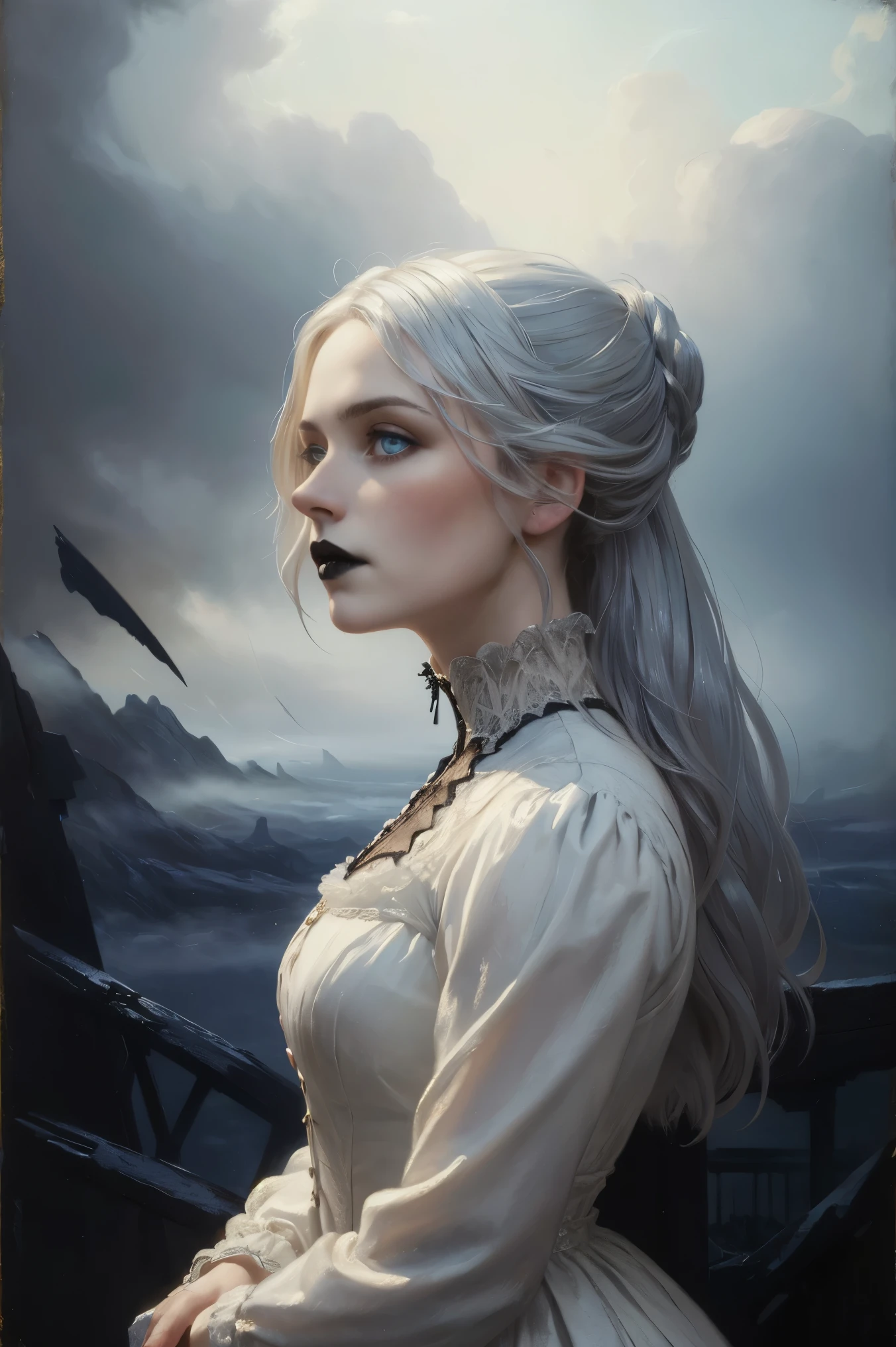 portrait of a woman, oil, painting, single, Victorian era, (by Peder Balke:1.3), (masterpiece, best quality:1.3), (highly detailed:1.5), UHD, 8K, beautiful, (blue eyes), long hair, straight hairs, (silver hair:1.3), (white gothic dress:1.3), nature background, mysterious theme, (wind, mist), (dark theme), (amazing background)