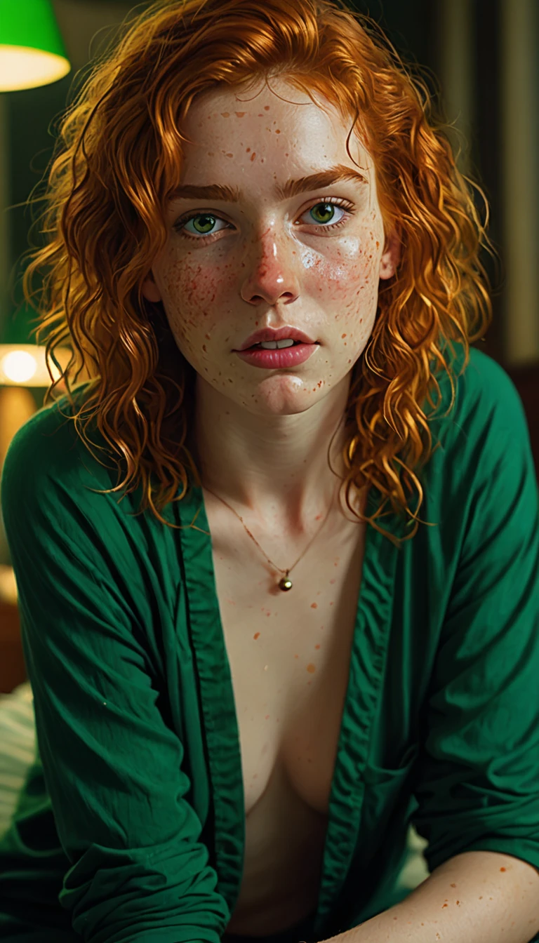 19yo teen, (cute face:1.5), (detailed face:1.75),short wavy|messy hair, piercing eyes, (Irish redhead emerald_eyed), thick thighs, (freckles:0.6), (imperfect skin), makeup, blushing, night, cozy, highres, masterpiece, cinematic lighting, sharp subject focus, skimpy green triangle bikini top, pajama pants, tears welling, sitting on chair, study room, looking up at viewer, from above, sad, scared, face focus