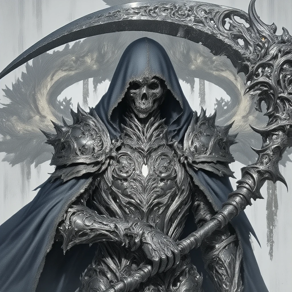 deadly horror, A striking monochromatic illustration of a grim reaper-like figure, cloaked in intricate, gothic-style robes with ornate patterns and metallic detailing. The figure's face is obscured by deep shadows under the hood, adding a mysterious and ominous aura. The large, ornate scythe held by the figure is highly detailed, featuring swirling engravings and elaborate decorations along the blade and handle. The texture of the robes is rich and layered, with flowing fabrics and tattered edges, contributing to a sense of age and decay. The overall mood of the artwork is dark and foreboding, emphasizing the themes of mortality and the macabre