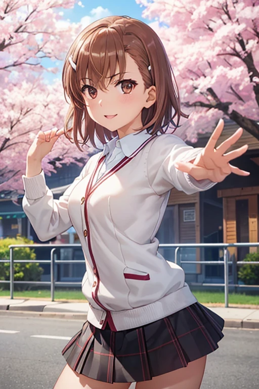 misaka mikoto、 shiny hair,  short hair, ( beautiful brown eyes、)、smile、 super detailed eyes、((hair clip)), very detailed face,  very detailed eyes,cowboy shot,、( One Girl )、 ,Master Piece,  top quality ,  high res, masterpiece , 



 medium breasts,  clevis on a stone:0.4, ( Dynamic Angle ,  dynamic pose:1.4, throw,  close,  viewers),  perfect body, ( white sweater, Cardigan sweater ), ((black skirt:1.5,  plaid skirt )), sly smile,  open your mouth, amusement park,  outdoor, cherry blossoms