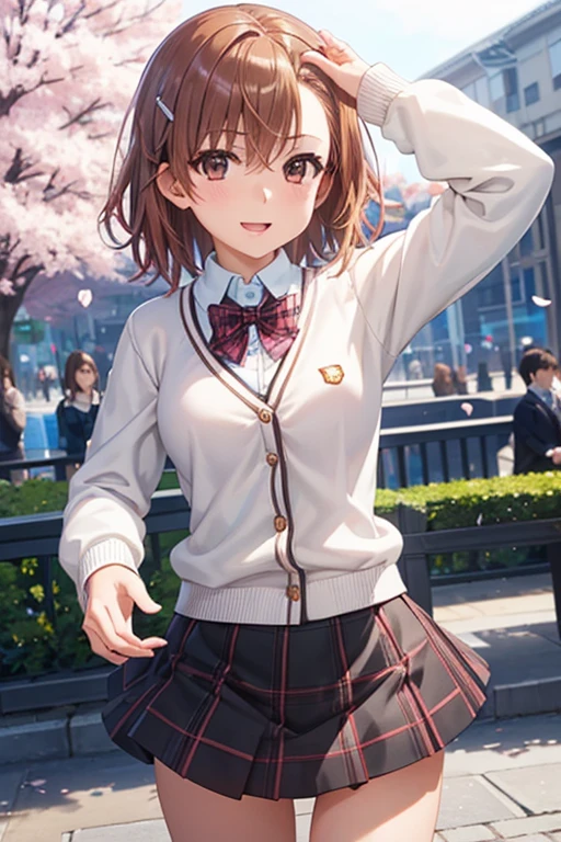 misaka mikoto、 shiny hair,  short hair, ( beautiful brown eyes、)、smile、 super detailed eyes、((hair clip)), very detailed face,  very detailed eyes,cowboy shot,、( One Girl )、 ,Master Piece,  top quality ,  high res, masterpiece , 



 medium breasts,  clevis on a stone:0.4, ( Dynamic Angle ,  dynamic pose:1.4, throw,  close,  viewers),  perfect body, ( white sweater, Cardigan sweater ), ((black skirt:1.5,  plaid skirt )), sly smile,  open your mouth, amusement park,  outdoor, cherry blossoms