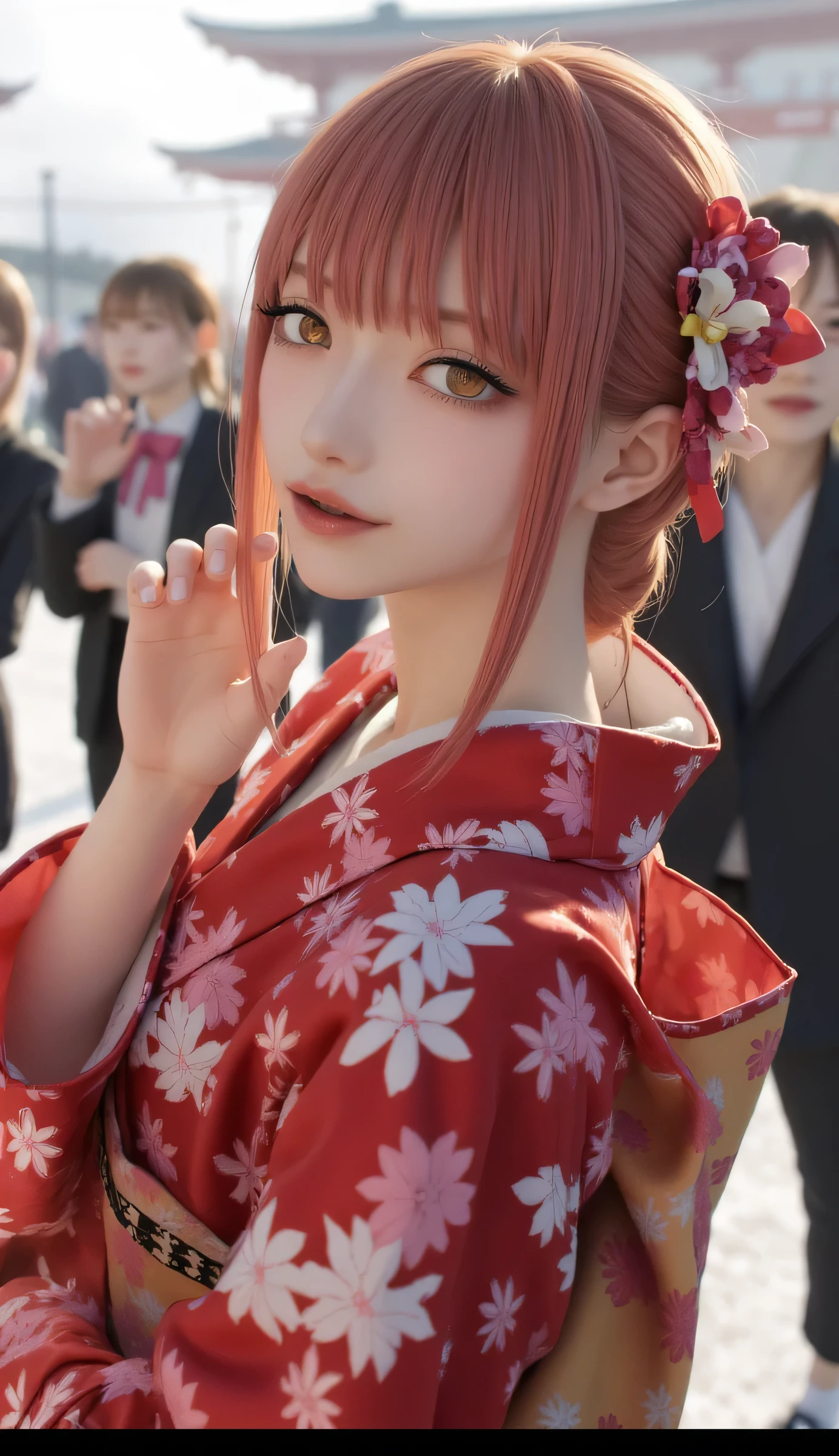 It depicts a beautiful Japanese woman in a kimono、shiny skin, large breasts:0.5, looking up, watching the view, beautiful hair, beautiful face, beautiful detailed eyes, (middle hair:1.5, japanese hair:1.5), orange hair, orange eyes(yellow double in it), (((red floral kimono), hair ornament)), ((smile:1.5, open your mouth wide)), walking, (beautiful scenery), winter, dawn, (new year's day, first visit),crowd, snow, snowfall:1.5, freezing weather, frost, (8k, top-quality, masterpiece​:1.2, extremely detailed), (photorealistic), beautiful illustration, natural lighting,((perfect anatomy, anatomically correct, super detailed skin)), 