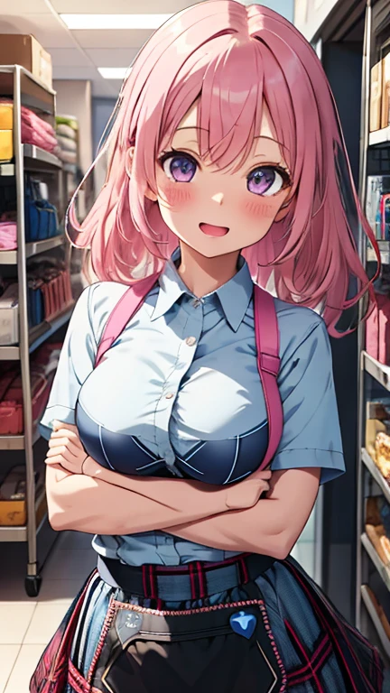 (Perfect body),Best Quality,16 K、NSFW、(((((Lori)))))、((((Short stature))))、blush、(V-shaped eyebrows)、:D、embarrassed from、((((Short hair))))、(hair messy)、waved hair、Ahoge、(Yellow eyes),((A pink-haired))、Yellow goggles on the head、yellow lean hair clip、(((School uniform)))、(White knee socks)、(Pink gloves)、Yellow jacket、((bulging nipple))、Undersized breasts、(((thick thighs)))、spreading legs、Armpits、A desert